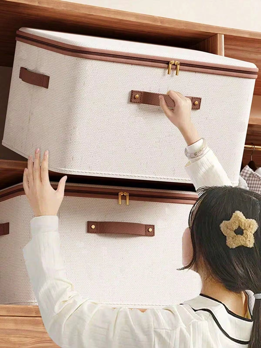 5pcs Foldable Fabric Storage Boxes, Linen Texture Organizer Bins With Zipper And Handles, Large Capacity Suitable For Clothes, Bedding And Wardrobe