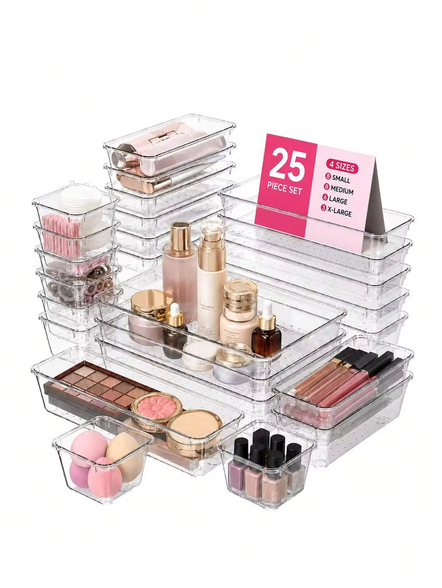 13/25/44pcs Clear Plastic Drawer Organizers Set, 4-Size Versatile Bathroom And Vanity Drawer Organizer Trays, Storage Bins For Makeup, Bedroom, Kitchen Gadgets Utensils And Office