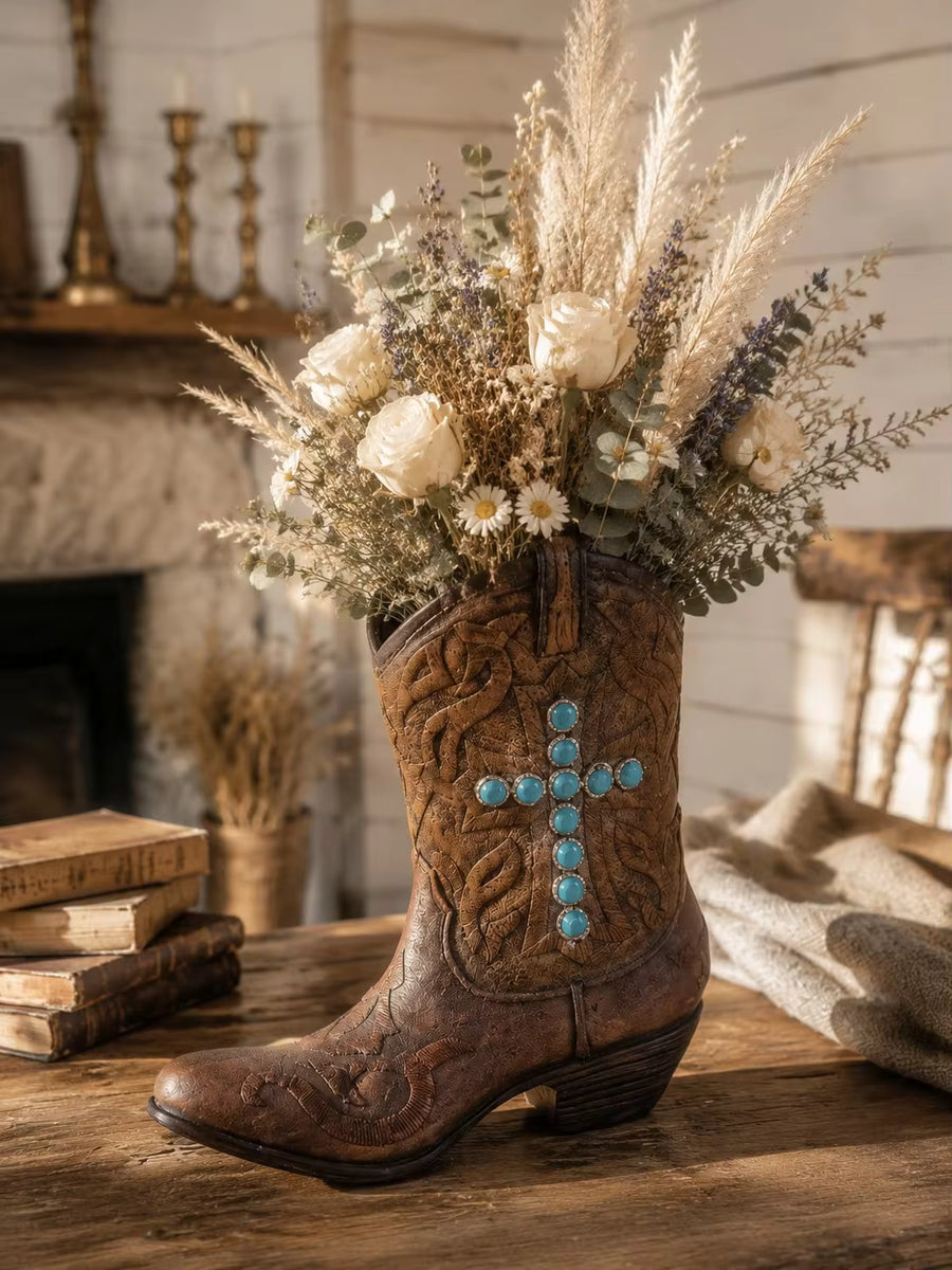 1pc Western Cowboy Boot Vase Set, Rustic Farmhouse Floral Vase, Vintage Cowgirl Boot Flower Holder, Country Home Table Centerpiece Decor, Decorative Vase Gift